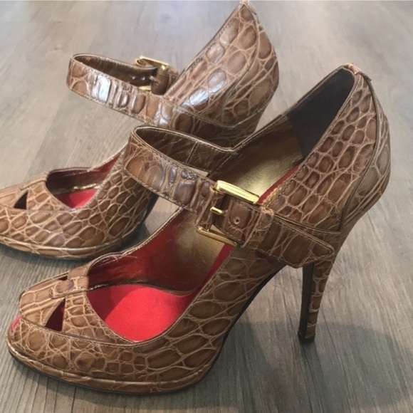 Roberto Cavalli Vintage Crocodile Embossed Leather Peep Toe Shoes - Picture 11 of 11